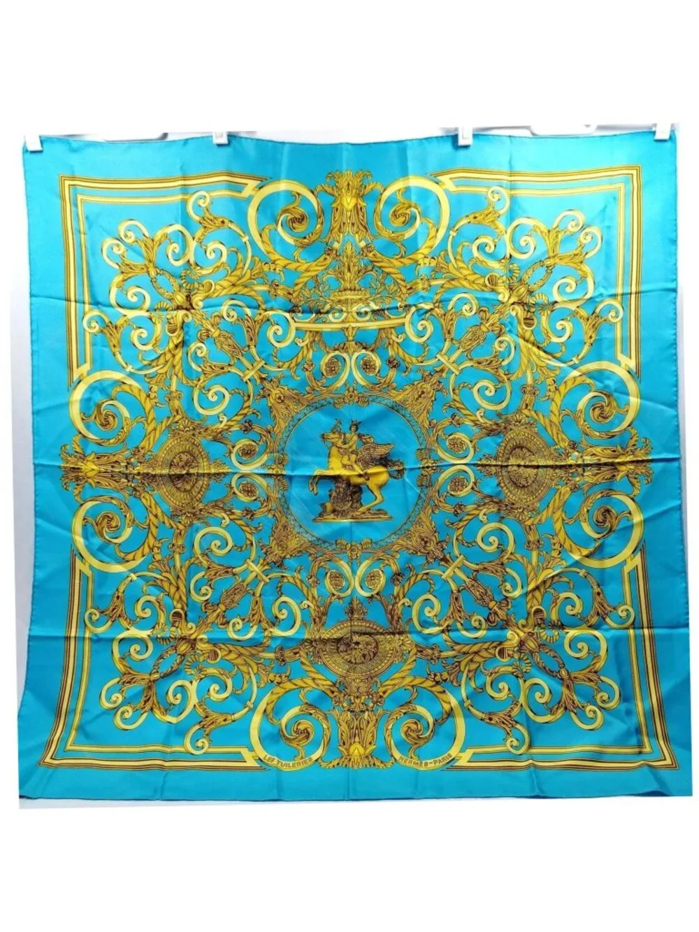 Authentic Hermès Les Tuileries Carré 90 Silk Scarf Blue Gold
